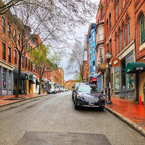 Portland Maine street in the winter with red brick buildings