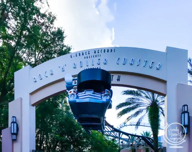 Entrance to the plaza with the Rock N Roller Coaster