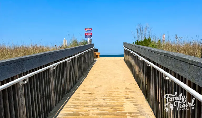 Boardwalk path leading to beach surrounded by sea grass