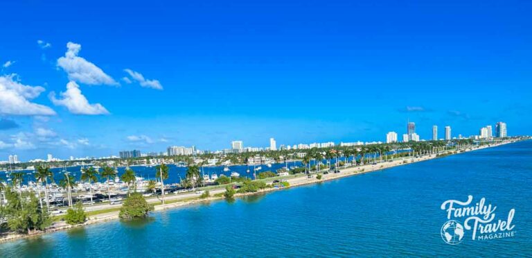 Port of Miami with strip of roadway and buildings in background