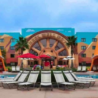 CARS themed pool with cone cabanas at Disney's Art of Animation.