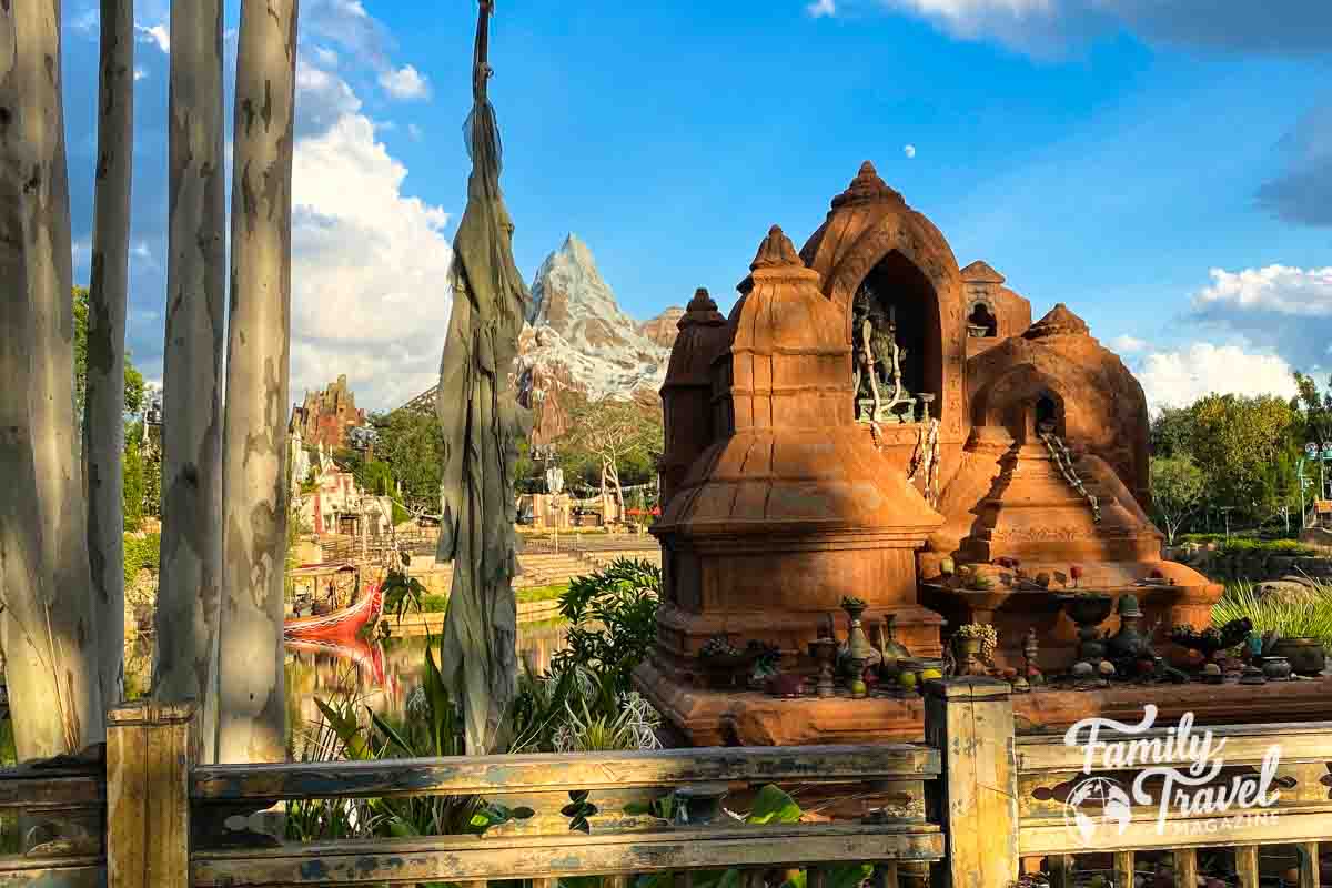 Expedition Everest from a distance with temple in foreground