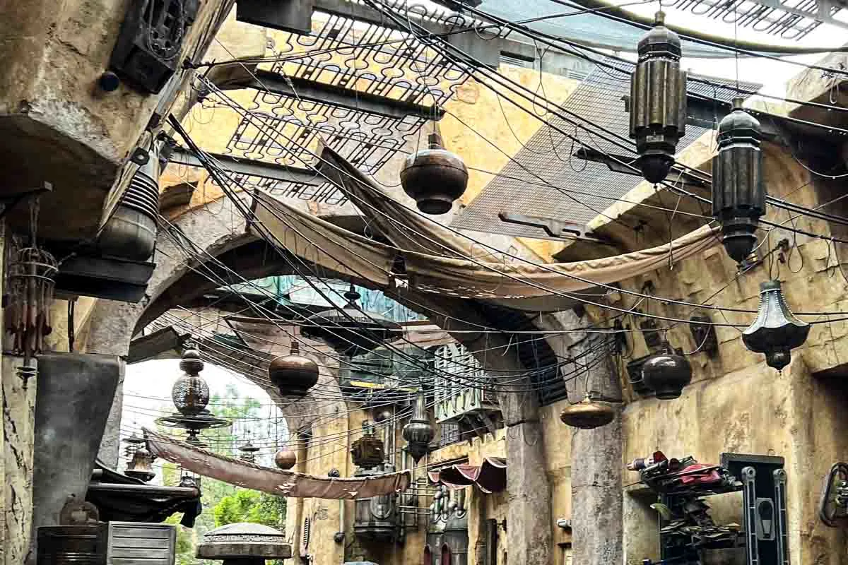 Fixtures, ropes, and canvas over Star Wars Galaxy's Edge area 