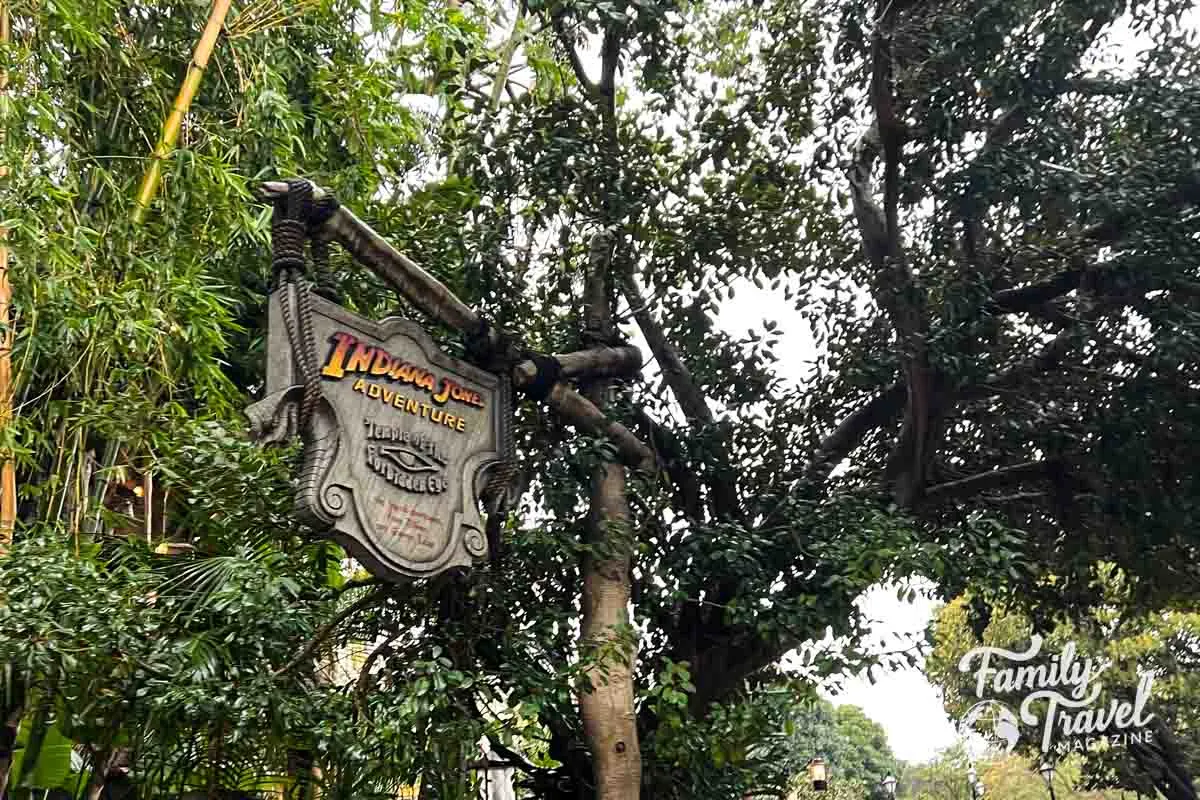Sign for Indiana Jones Adventure among the trees
