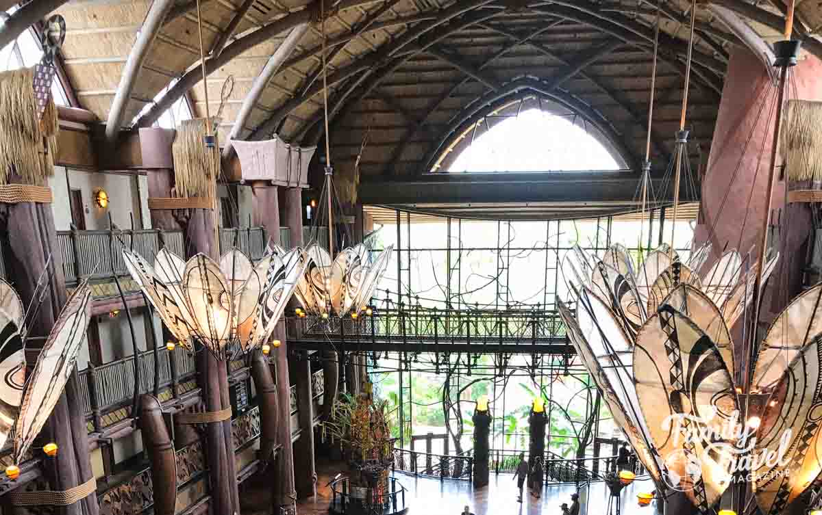 Lobby of Animal Kingdom Lodge with large light fixtures