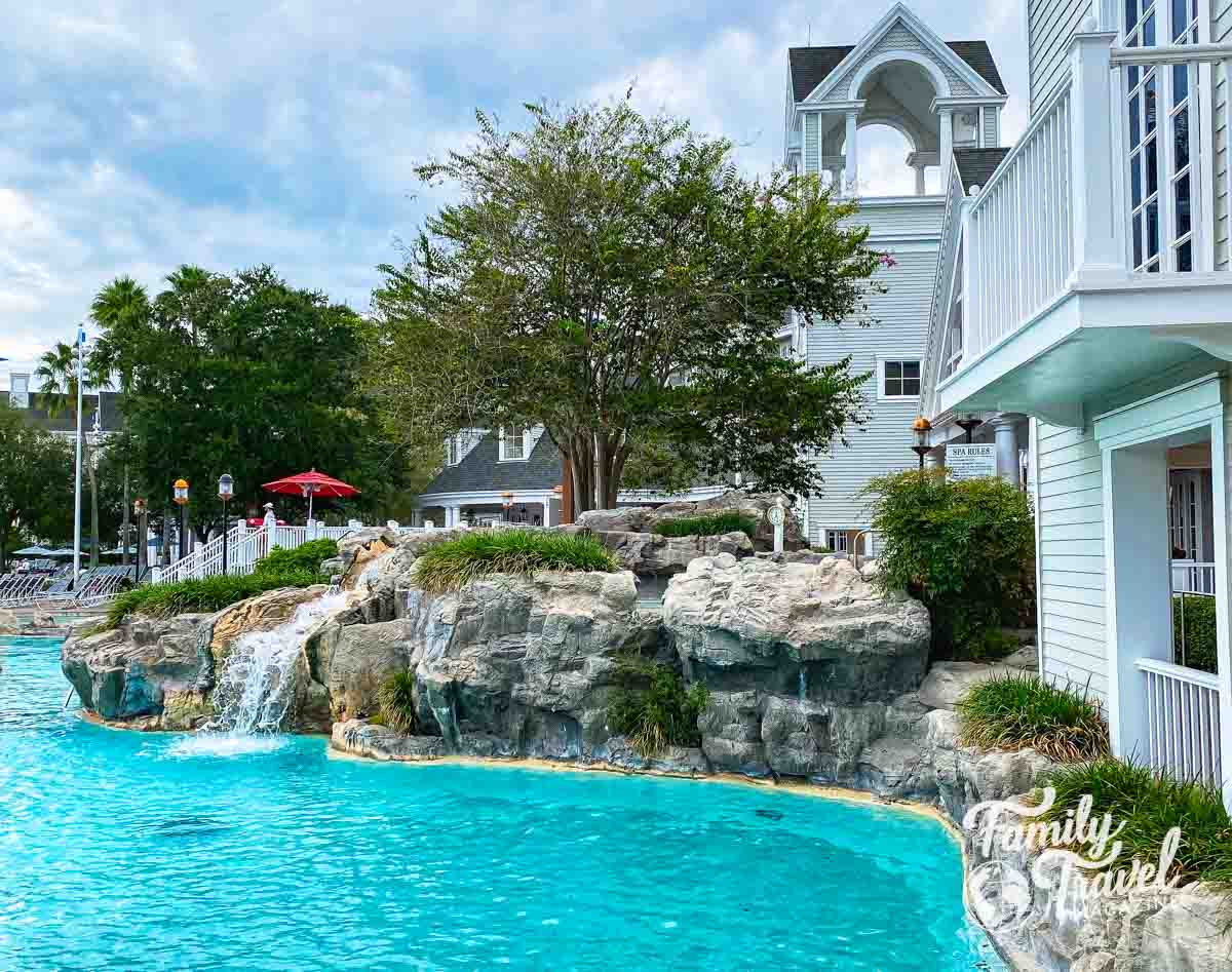 Water park near hotel with water fall over rocks