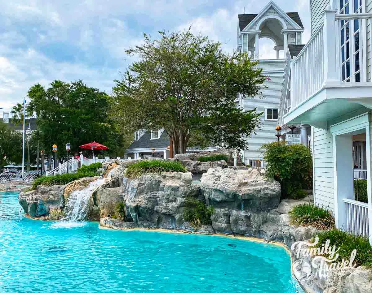 Water park near hotel with water fall over rocks