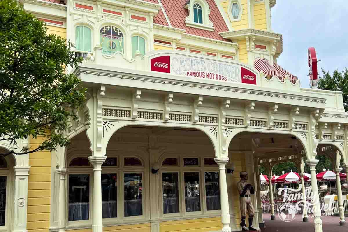 Exterior of Casey's Corner with baseball statue in front