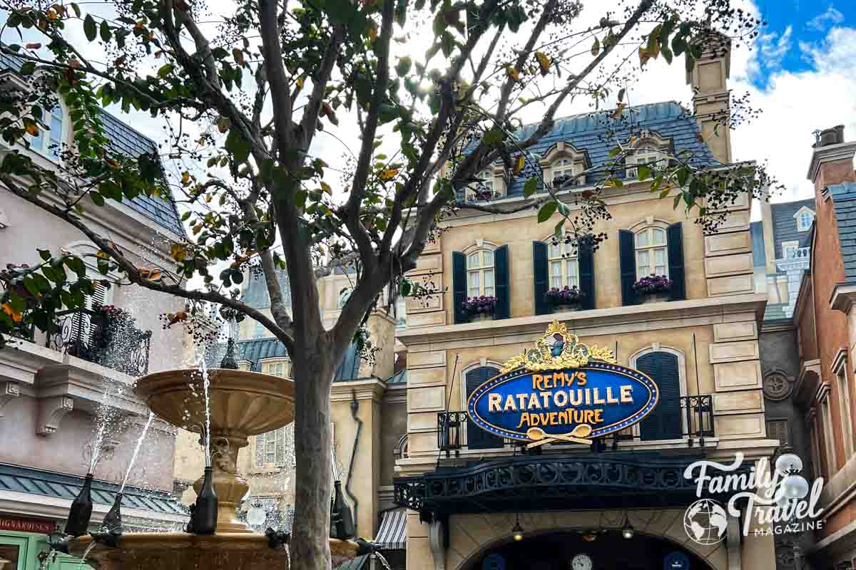 Exterior of Remy's Ratatouille Adventure with a fountain outside