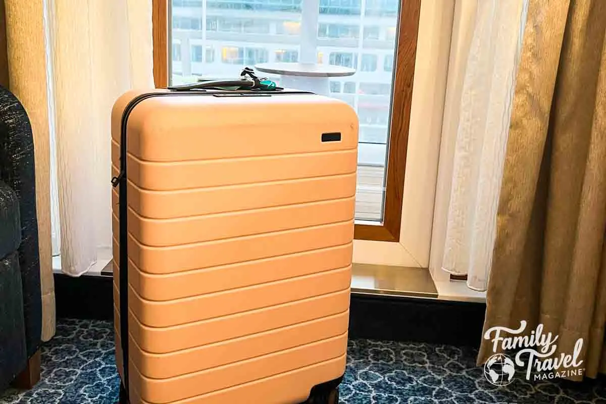 Suitcase in front of cruise ship door