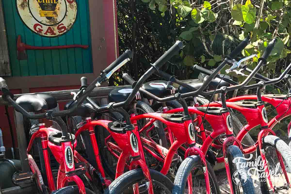 Red bikes lined up for rental