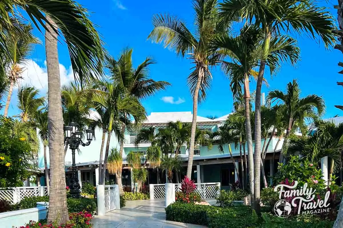 Blue building with palm trees in front