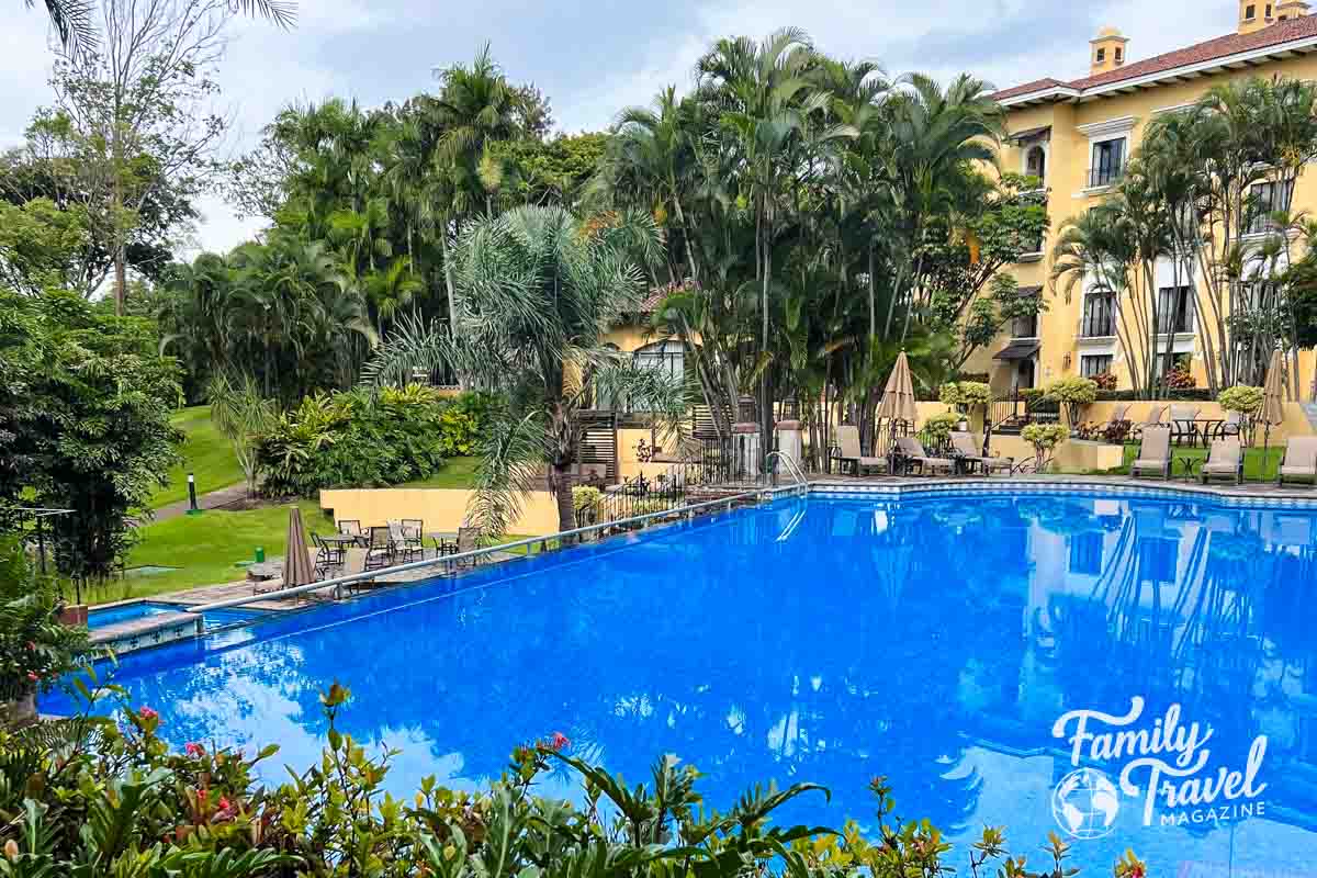 Pool surrounded by palm trees and beach chairs in front of building. 