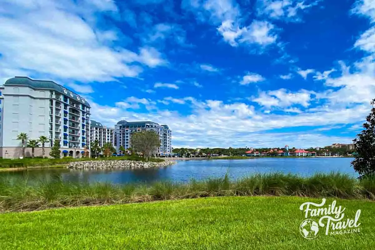 Hotel building along body of water