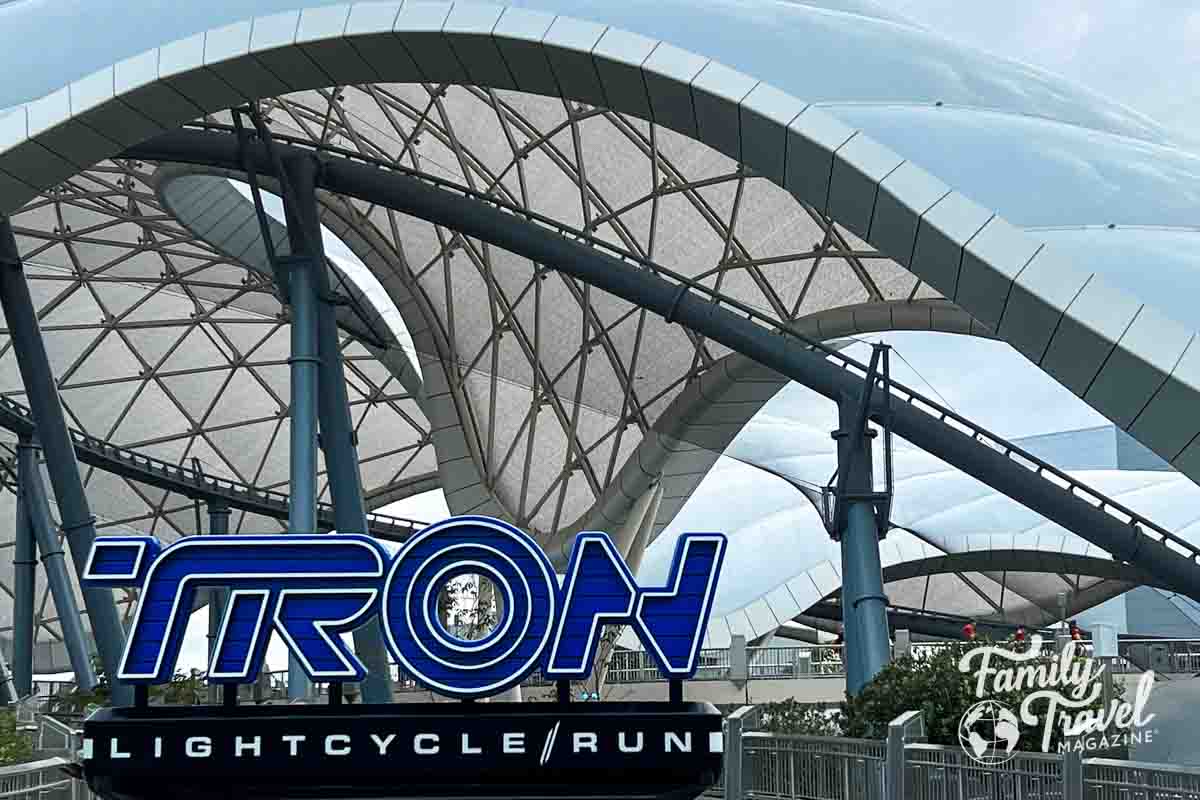 Tron ride roof with the TRON sign in front.