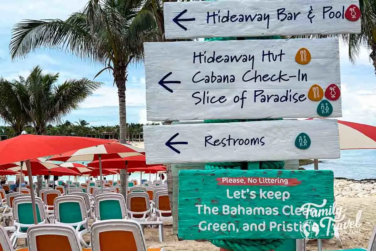 Sign showing cabana check ins, Hideaway bar, restrooms, and food venues. 