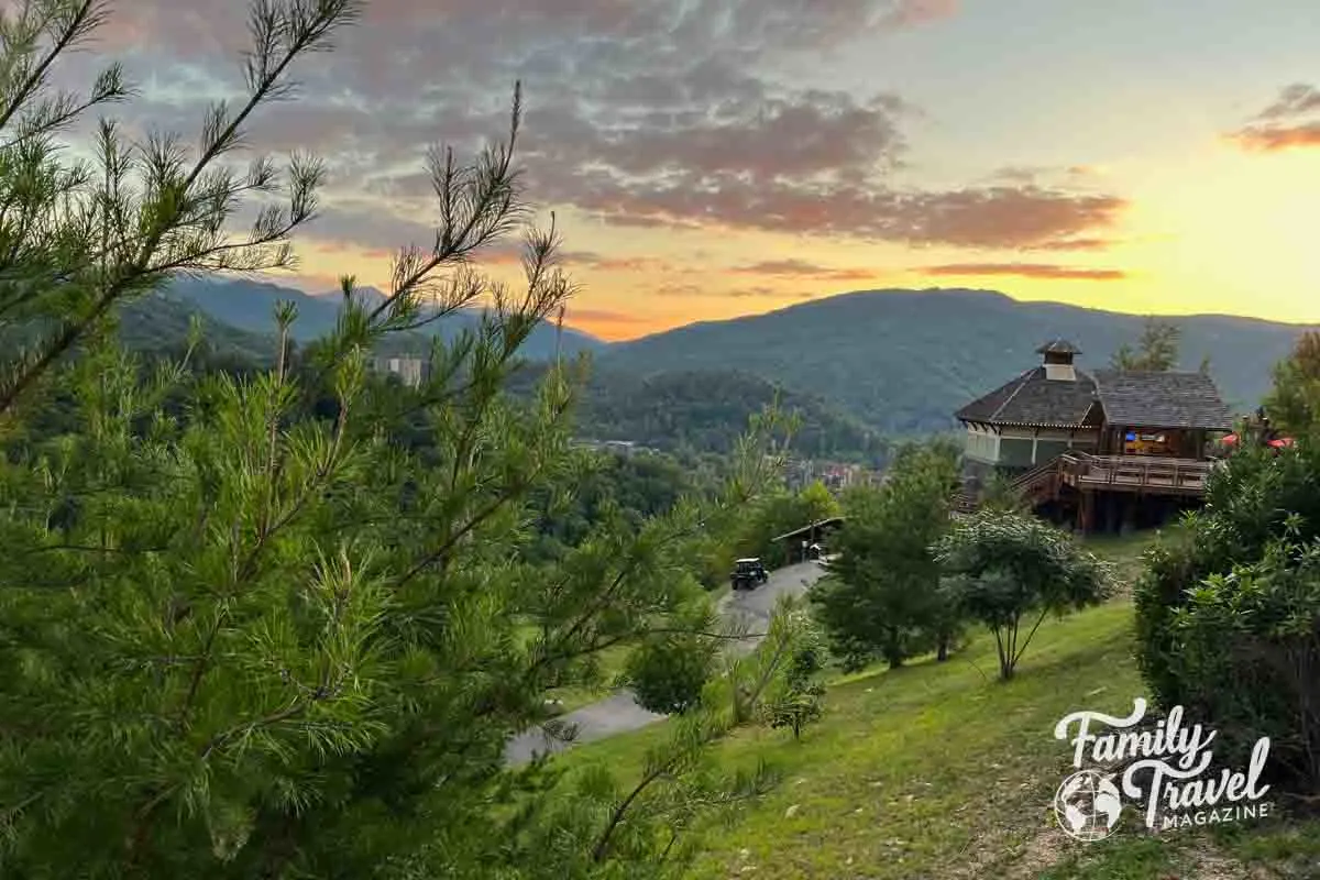 Sunset over mountains and building