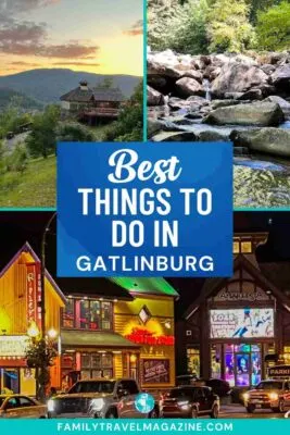 Sunset over building, stream with rocks, Gatlinburg attractions on the street