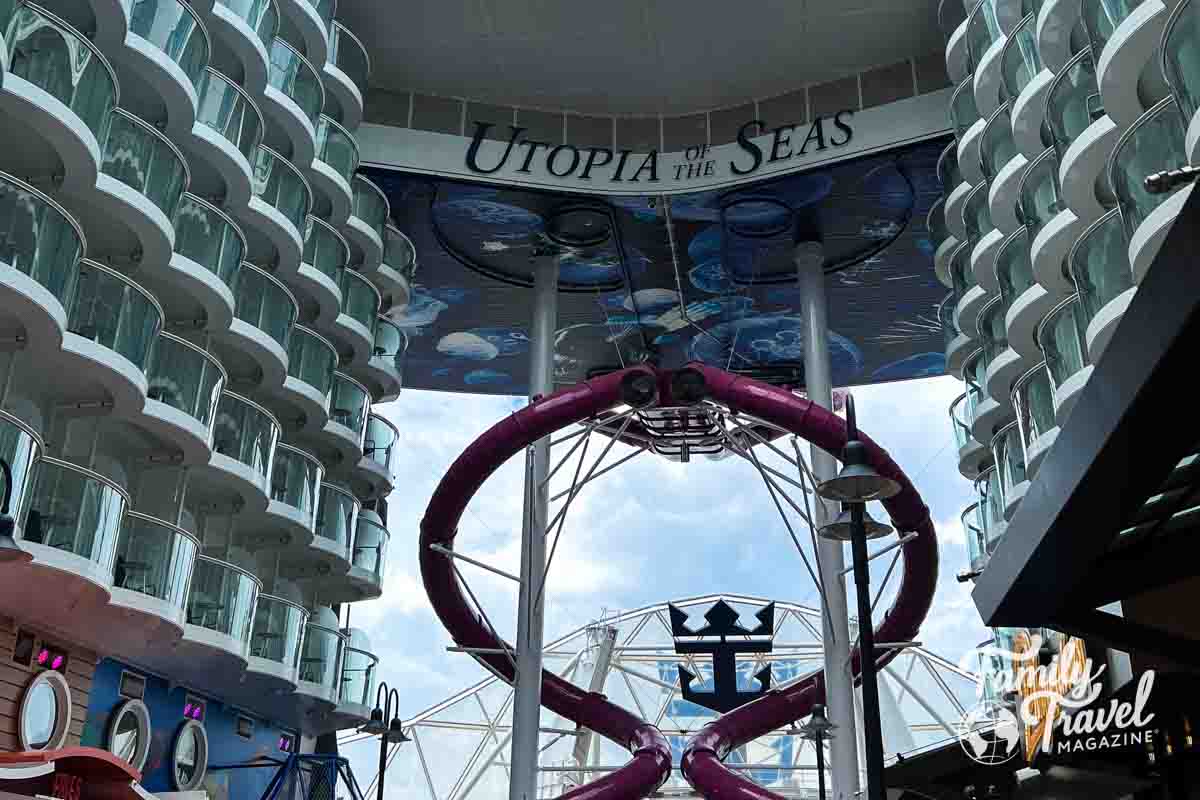 Two large purple slides on Utopia of the Seas