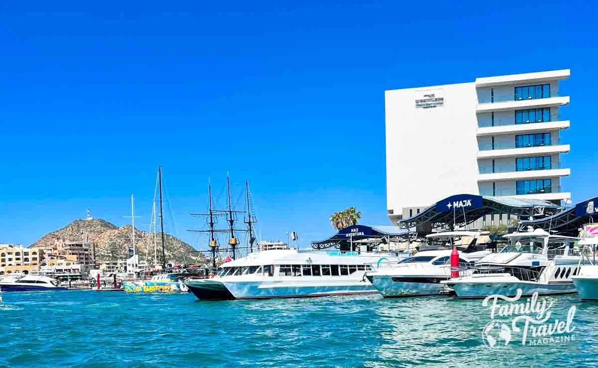 View of Marina from the waterfront with boats and buildings