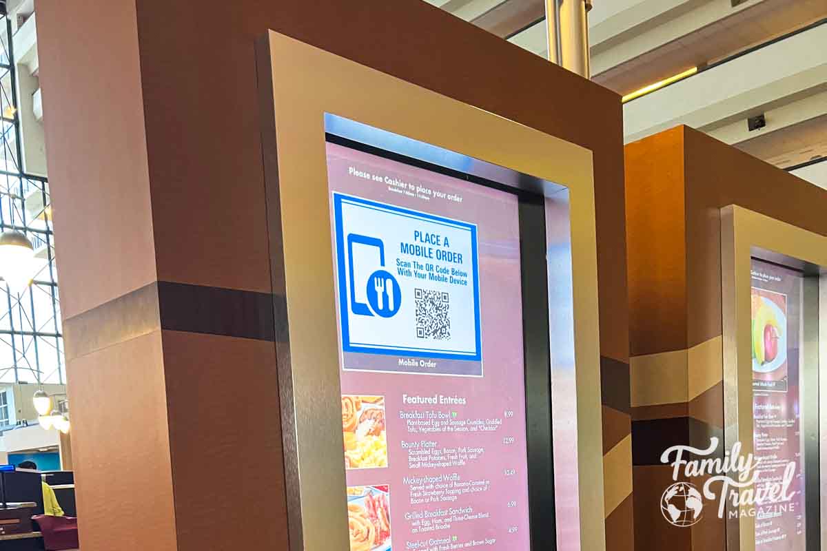 Electronic menu showing QR code to place a mobile order