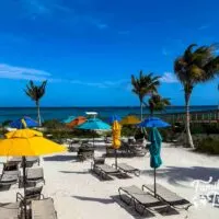 Beach at Lookout Cay at Lighthouse Point with palm trees, umbrellas, and chairs