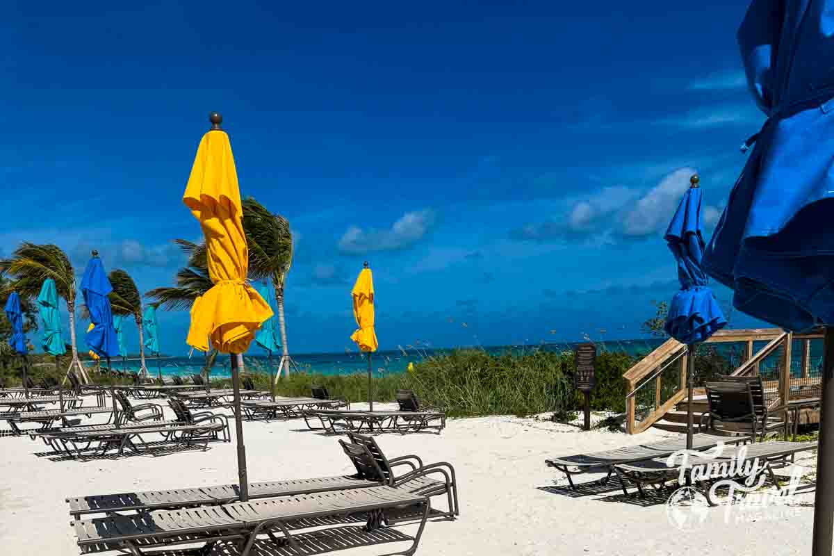 chairs with closed umbrellas in front of beach