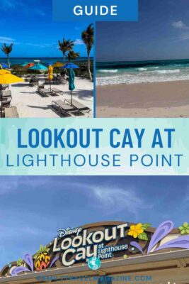 Umbrellas and chairs on a beach, beach front with ocean, Lookout Cay sign