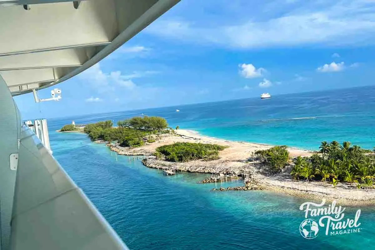 small sandbar in Caribbean as viewed from cruise balcony