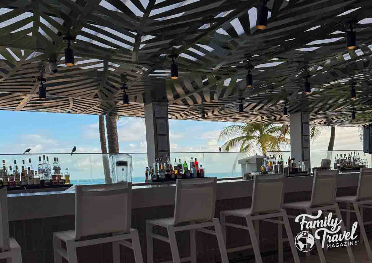 Outdoor bar counter overlooking a beach