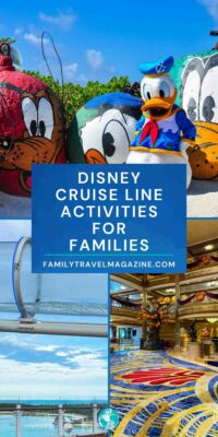 Donald in front of painted large buoys, lobby of the Disney Cruise ship, tube over a cruise ship. 