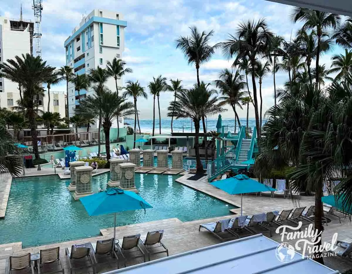 Pools with palm trees, fountains, beachfront