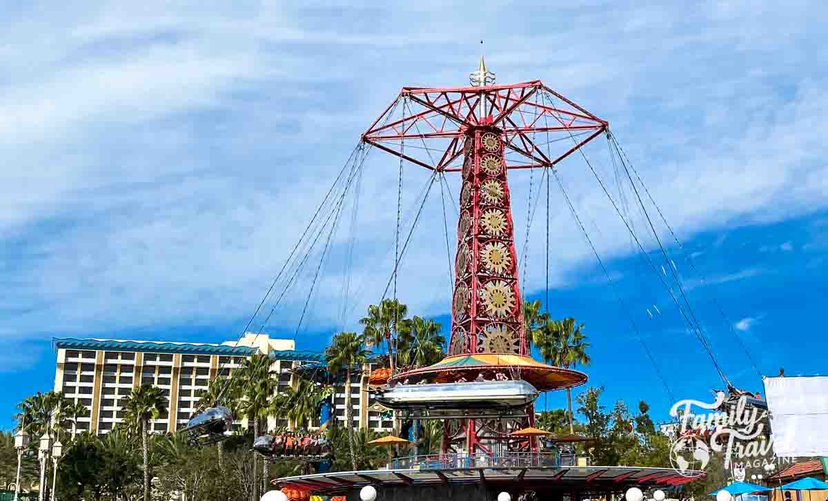 Golden Zephyr ride with hotel in the background