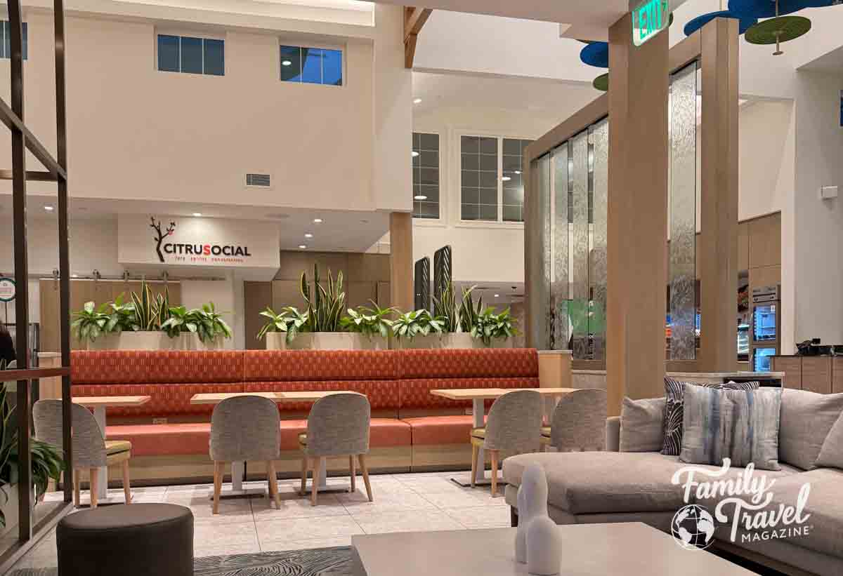 Lobby and Citrusocial restaurant seating at Embassy Suites