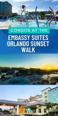 Colorful splash pad, overview of pool area, exterior of colorful resort.